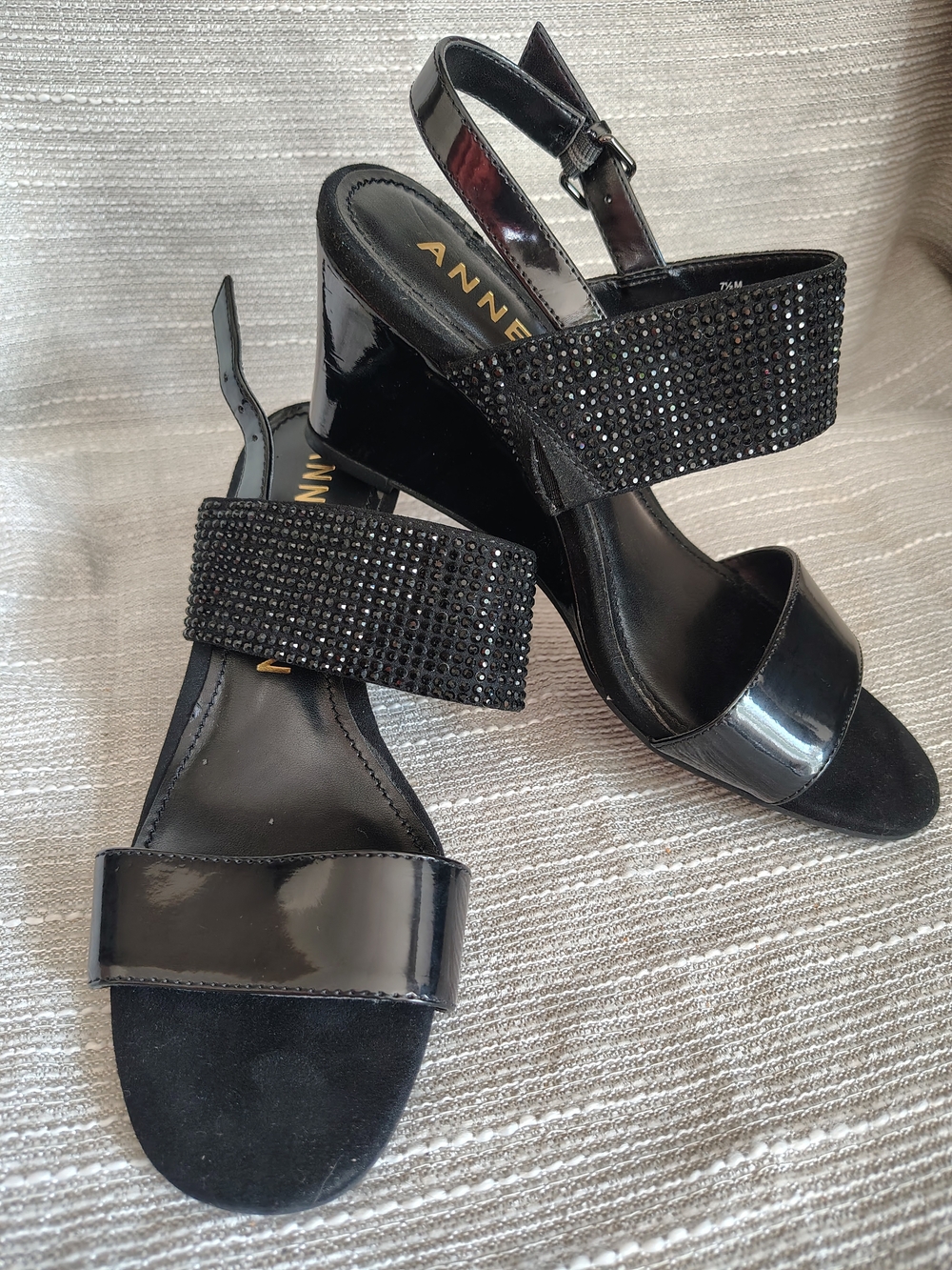Anne Klein Akelisha Black Rhinestone Wedge Sandals Women's 7.5 Slingback Formal